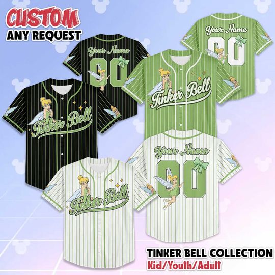 Personalize Tinker Bell Baseball Jersey, Custom Disney Peter Pan Baseball Shirt, Disney Trip Outfit, Birthday Gift