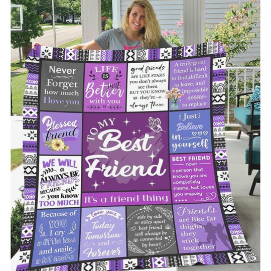 Best Friend Blanket, Purple Velveteen Blanket with Friendship Quotes, Cozy Gift for Her