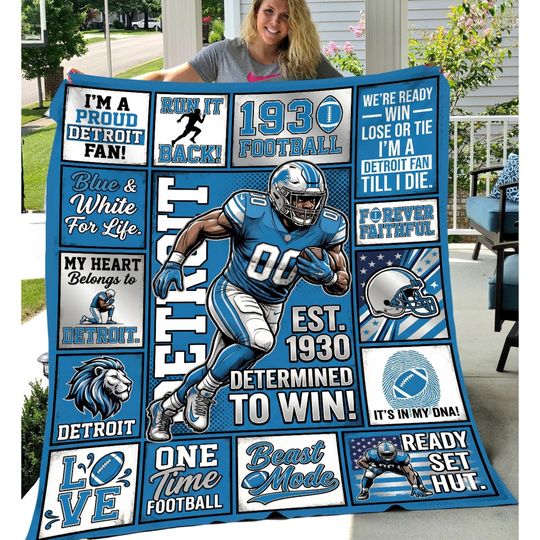 Discover Detroit Football Fan Blanket, 50x60 Velveteen Plush Throw
