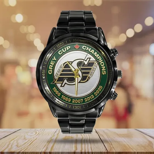 Discover Saskatchewan Roughriders 2025 Grey Cup Champions Black Stainless Steel Watch
