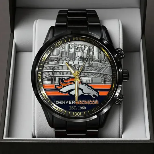 Discover Denver Broncos Est 1960 Steel Band Watch Black Stainless Steel Watch