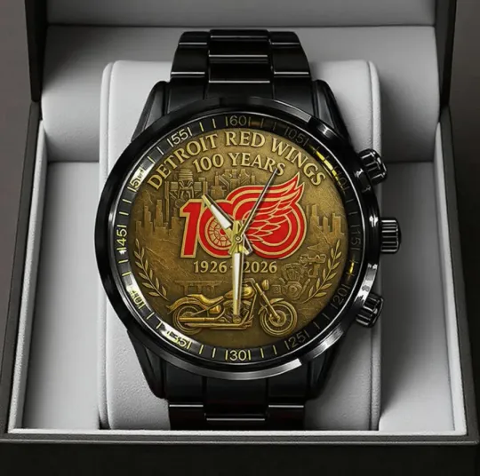 Discover Detroit Red Wings 100th Anniversary Steel Band Watch 2026 Black Stainless Steel Jewelry