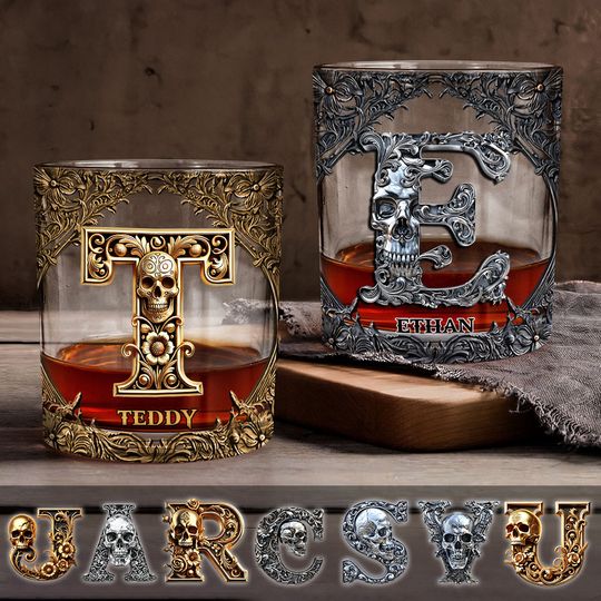 Discover Skull Name Initial Letter - Personalized Whiskey Glass