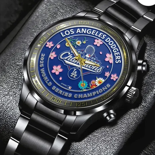 Los Angeles Dodgers 2025 World Series Black Stainless Steel Calendar Band Watch