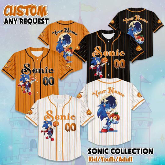 Discover Personalized Sonic Halloween Baseball Jersey, Custom Sonic Shirt, Sonic Outfit, Matching Family Jersey, Gamer Birthday Gift
