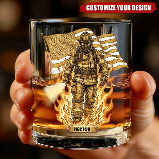 Discover Personalized Whiskey Glass with Firefighter and Flag – Custom Gift for Firefighter