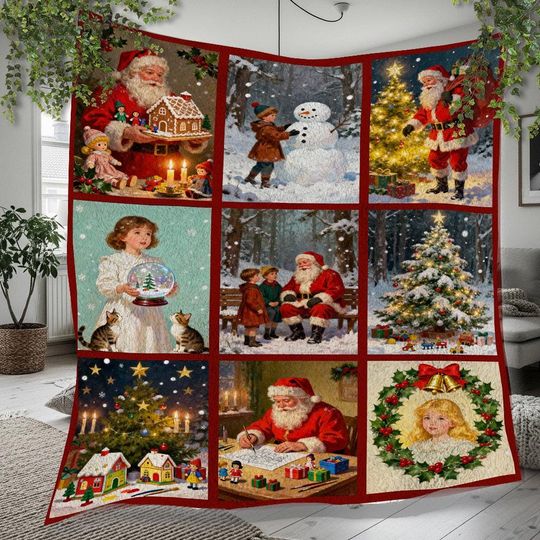 Discover Vintage Christmas Santa Blanket, Cozy Winter Holiday Throw, Snowman Tree Blanket, Xmas Home Decor Gift