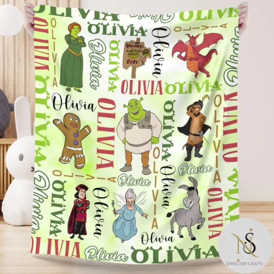 Personalized Shrek Blanket, Fiona Donkey Gingerbread Man Shrek Boy Blanket
