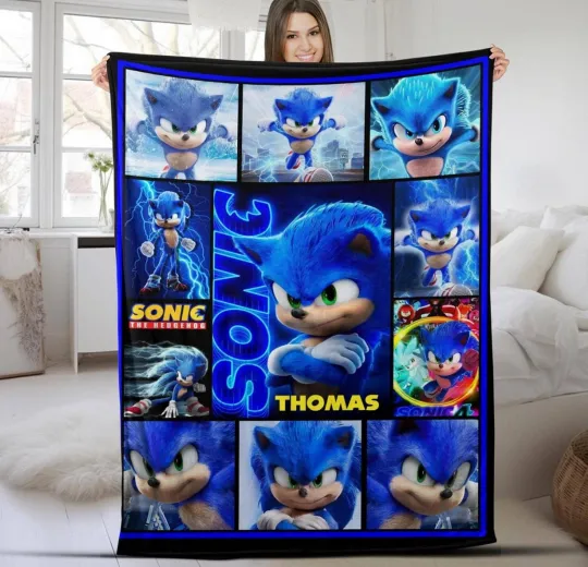 Custom Sonic The Hedgehog Blanket, Personalized Cartoon Hedgehog Minky Sherpa