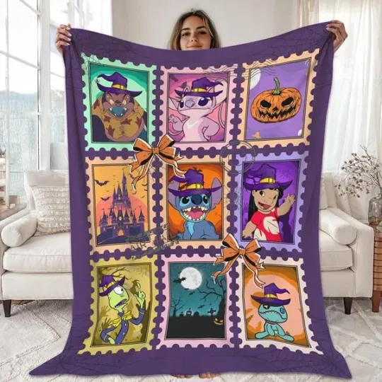 Lilo And Stitch Stamp Halloween Blanket, Stitch Coquette Bow Blanket
