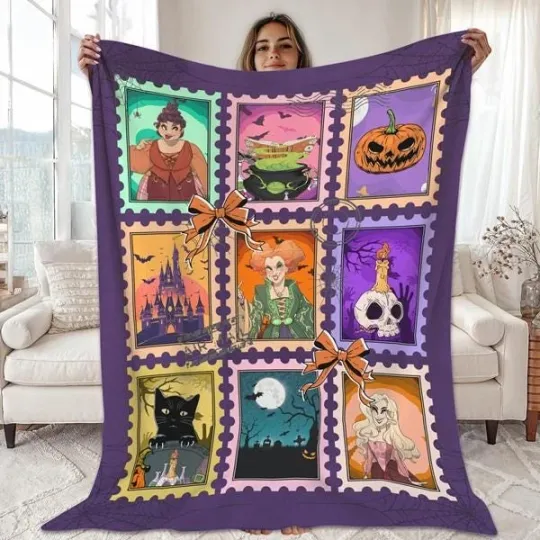 Hocus Pocus Stamp Halloween Blanket, Halloween Coquette Bow Blanket, Sanderson