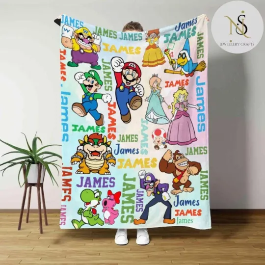 Discover Personalized Watercolor Super Mario Blanket, Mario Birthday Boy Blanket