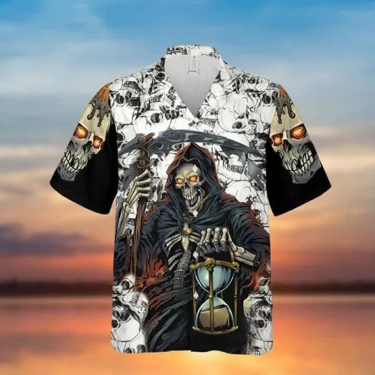 Discover Grim Reaper with Time Theme on Hawaiian Halloween Shirt