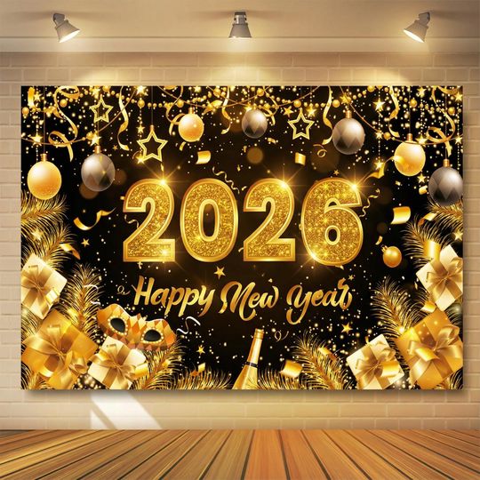Discover 2026 New Year Party Backdrop Gold and Black Happy New Year Banner Festive Wall Decoration Photo Booth Background