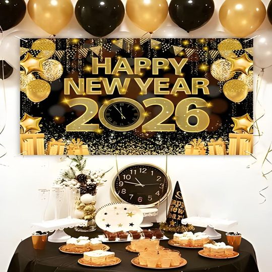 Discover Happy New Year 2026 Backdrop Banner, Black Gold Clocks Fireworks Balloon Gifts Hanging Flags for 2026 New Year
