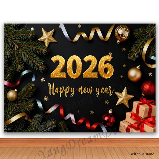 Discover Happy New Year 2026 Photo Backdrop, Holiday Party Photography Background, Celebration Banner