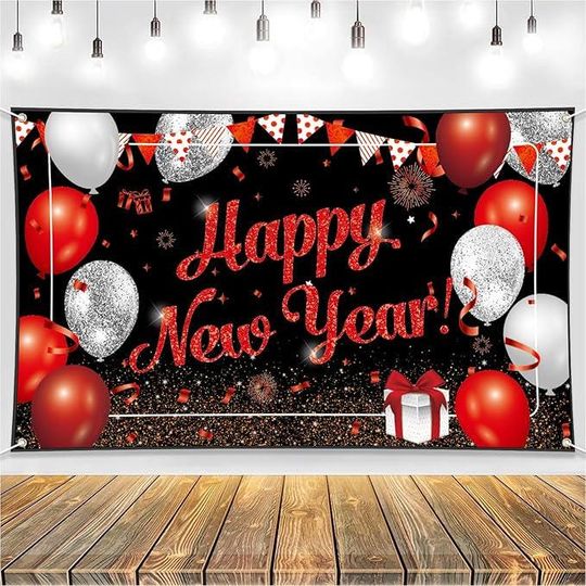 Discover Black Red Silver 2026 New Year Party Banner Backdrop for Festive Celebration