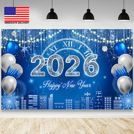 Discover Happy New Year 2026 Backdrop Blue Silver Party Banner for New Year's Photography