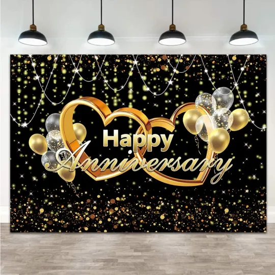 Discover Happy Anniversary Backdrop with Black and Gold Balloons Photography Background Poster