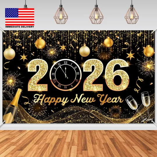 Discover Happy New Year Backdrop Black Gold 2026 Celebration Banner Fireworks Champagne