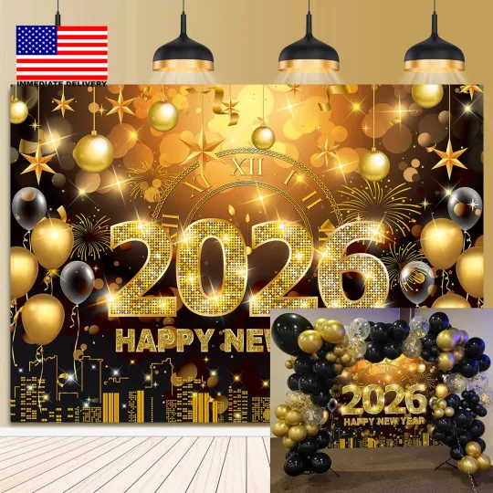 Discover 2026 Happy New Year Banner Backdrop Black and Gold Fireworks New Year's Eve Party Supplies