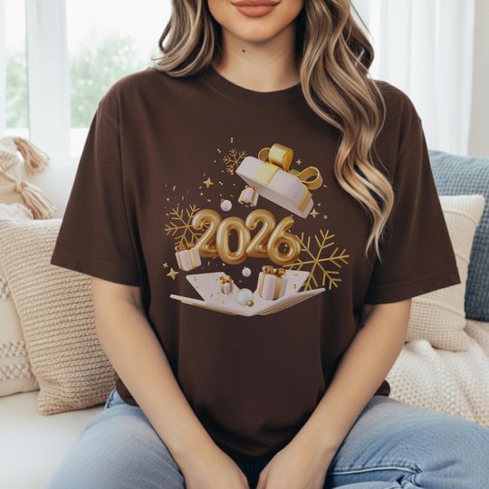 Discover 2026 New Year T-Shirt | Gold Snowflakes & Gifts