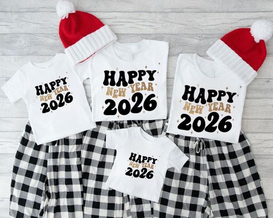 Discover Happy New Year 2026 Family Matching Shirts,  Holiday Outfit for Parents Kids Baby, New Years Eve Party Tops, Celebration Gift Tees