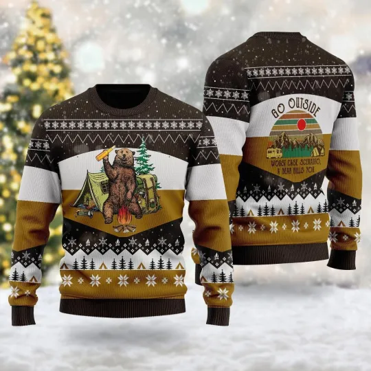 Discover Bear Beer Campfire Christmas 3D Bear Drinking Beer Tee Ugly Christmas Sweater