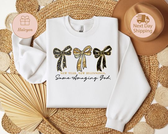 Discover Motivational New Year Sweatshirt, New Beginnings, Same Amazing God, Leopard Gold Coquette Bow Sweatshirt, Trendy New Year's Gift