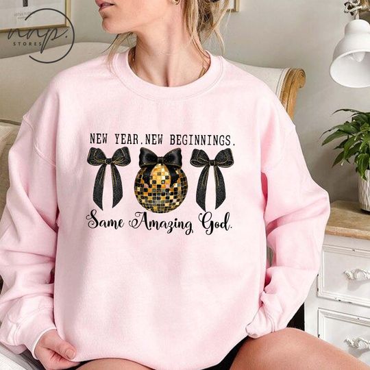 Discover New Years Christian Coquette New Beginnings Shirt, Christian Christmas Sweatshirt, Retro New Beginnings 2026 Hoodie,Girly Christian New Year