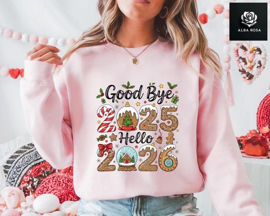 Discover Good Bye 2025 Hello 2026 Sweatshirt, Retro New Year, Festive Christmas Hoodie Crewneck