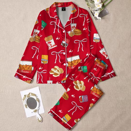 Discover Womens Satin Pajama Set, Silk PJs with Chicken Nugget Inspired Food Print, Chicken, Fries & Sauces, Cute Comfort Sleepwear Gift for Her