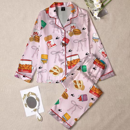 Discover Womens Satin Pajama Set, Silk PJs with Chicken Nugget Inspired Food Print, Chicken, Fries & Sauces, Cute Comfort Sleepwear Gift for Her