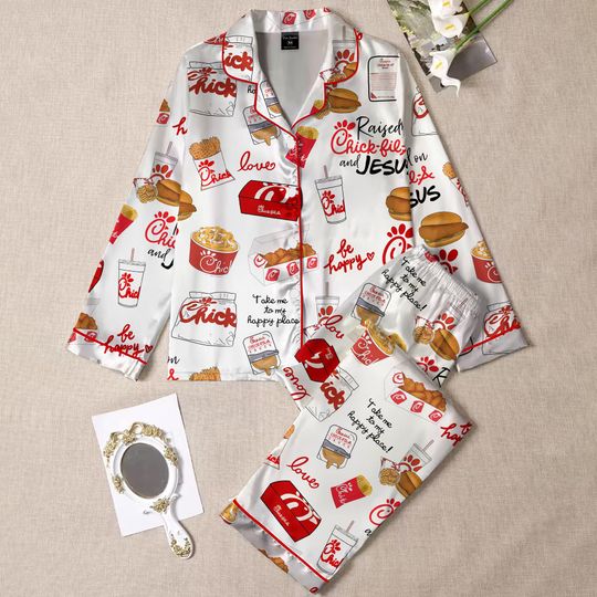 Discover Chicken Nugget Lover Pajamas , Silk PJs with Chicken Nugget Inspired Food Print,Chicken, Fries & Sauces, Cute Comfort Sleepwear Gift for Her
