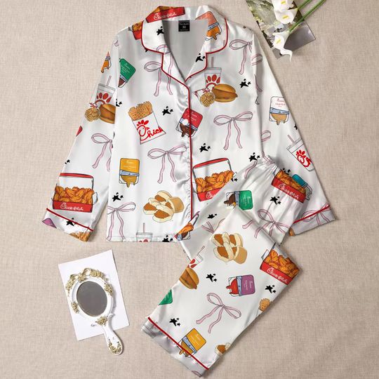 Discover Womens Satin Pajama Set, Silk PJs with Chicken Nugget Inspired Food Print, Chicken, Fries & Sauces, Cute Comfort Sleepwear Gift for Her