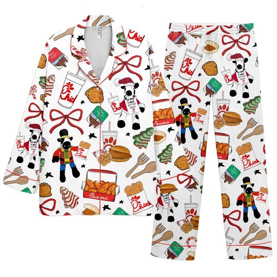 Discover Christmas Chicken Nugget , Silk PJs with Chicken Nugget Inspired Food Print, Chicken, Fries & Sauces, Cute Comfort Sleepwear Gift for Her