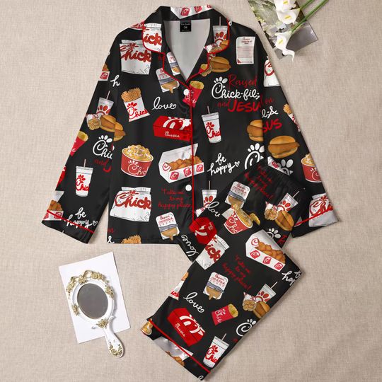Discover Chicken Nugget Lover Pajamas , Silk PJs with Chicken Nugget Inspired Food Print,Chicken, Fries & Sauces, Cute Comfort Sleepwear Gift for Her