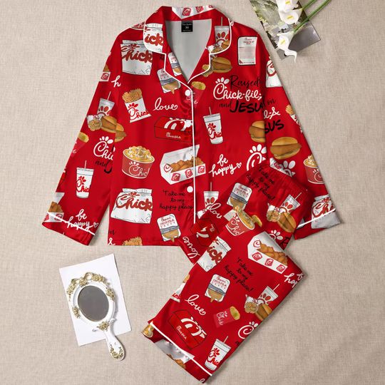 Discover Chicken Nugget Lover Pajamas , Silk PJs with Chicken Nugget Inspired Food Print,Chicken, Fries & Sauces, Cute Comfort Sleepwear Gift for Her