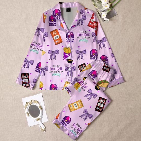 Taco Bell Pajamas, Fast Food Sleepwear Set for Women, Silky Lounge Outfit, Food Pajama Shorts, Taco Bell Fan Gifts