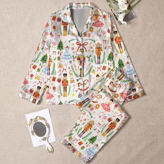 Vintage Christmas Nutcracker Ballet Holiday Party Pajama Set, Xmas Santa Nutcracker Ballet Sleepwear, Gift women mother party pajama