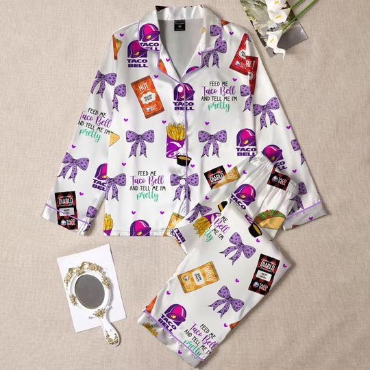Taco Bell Pajamas, Fast Food Sleepwear Set for Women, Silky Lounge Outfit, Food Pajama Shorts, Taco Bell Fan Gifts