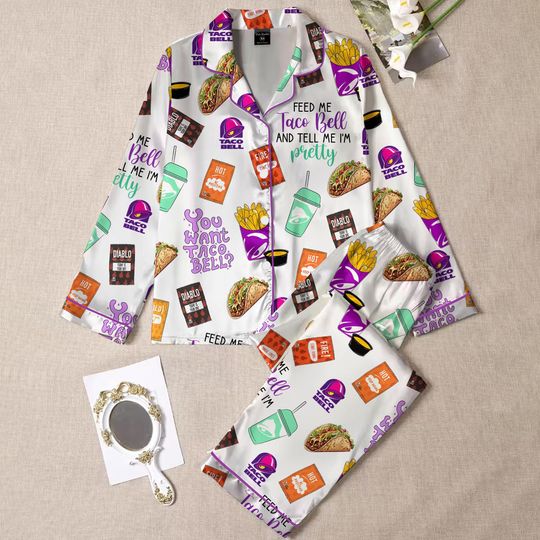 Taco Bell Pajamas, Fast Food Sleepwear Set for Women, Silky Lounge Outfit, Food Pajama Shorts, Taco Bell Fan Gifts
