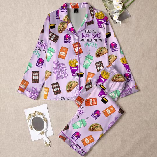 Taco Bell Pajamas, Fast Food Sleepwear Set for Women, Silky Lounge Outfit, Food Pajama Shorts, Taco Bell Fan Gifts