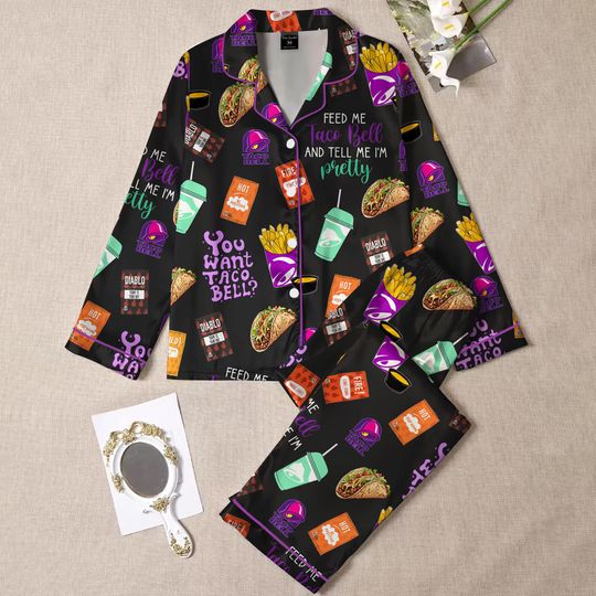 Taco Bell Pajamas, Fast Food Sleepwear Set for Women, Silky Lounge Outfit, Food Pajama Shorts, Taco Bell Fan Gifts