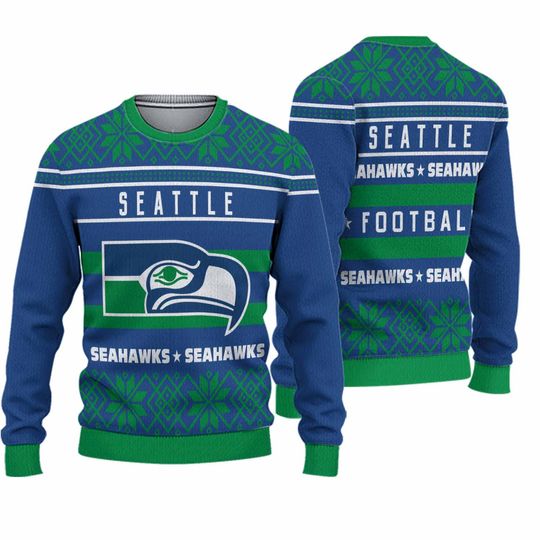 Adult Mens Seattle Seahawks Blue Football Ugly Christmas Sweater Halloween S-3XL