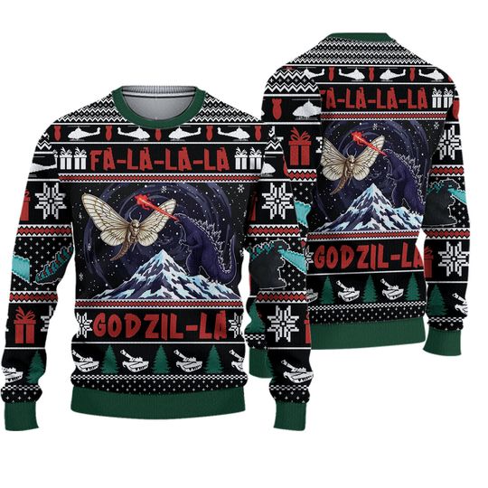 God zilla and Mothra Christmas Knitted Ugly Sweater