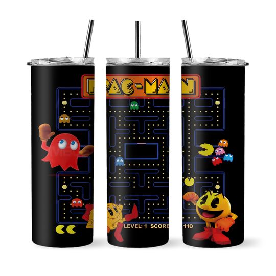 Pac Man and Mrs Pac Man with Ghost High Score Videogame Cup Mug Tumbler 20oz