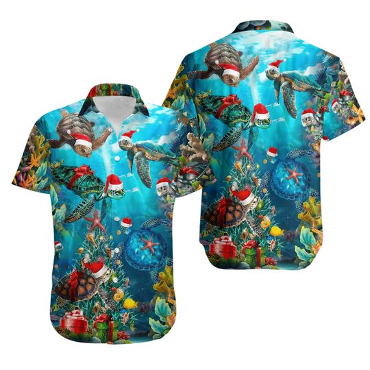 Turtle Love Christmas And Ocean Hawaii Shirt, Turtle Xmas Party Button Up Shirt, Turtle Christmas Hawaiian Gift, Turtle Santa Hat 3D Shirt