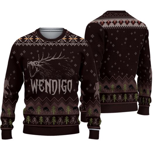 Wendigo Ugly Xmas Sweater, Cryptid Horror Holiday Jumper, Mythical Deer Monster Pullover, Dark Folklore Gift for Fans