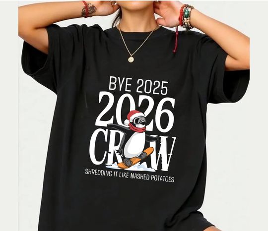 2026 Crew Santa Ski Penguin Bye 2025 Snow Shredding T-Shirt, Funny New Year Snowboarder Gift